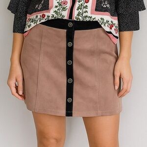 Potter’s Pot Faux Suede Button Down Tan/Brown Black Neutral Fall Mini Skirt